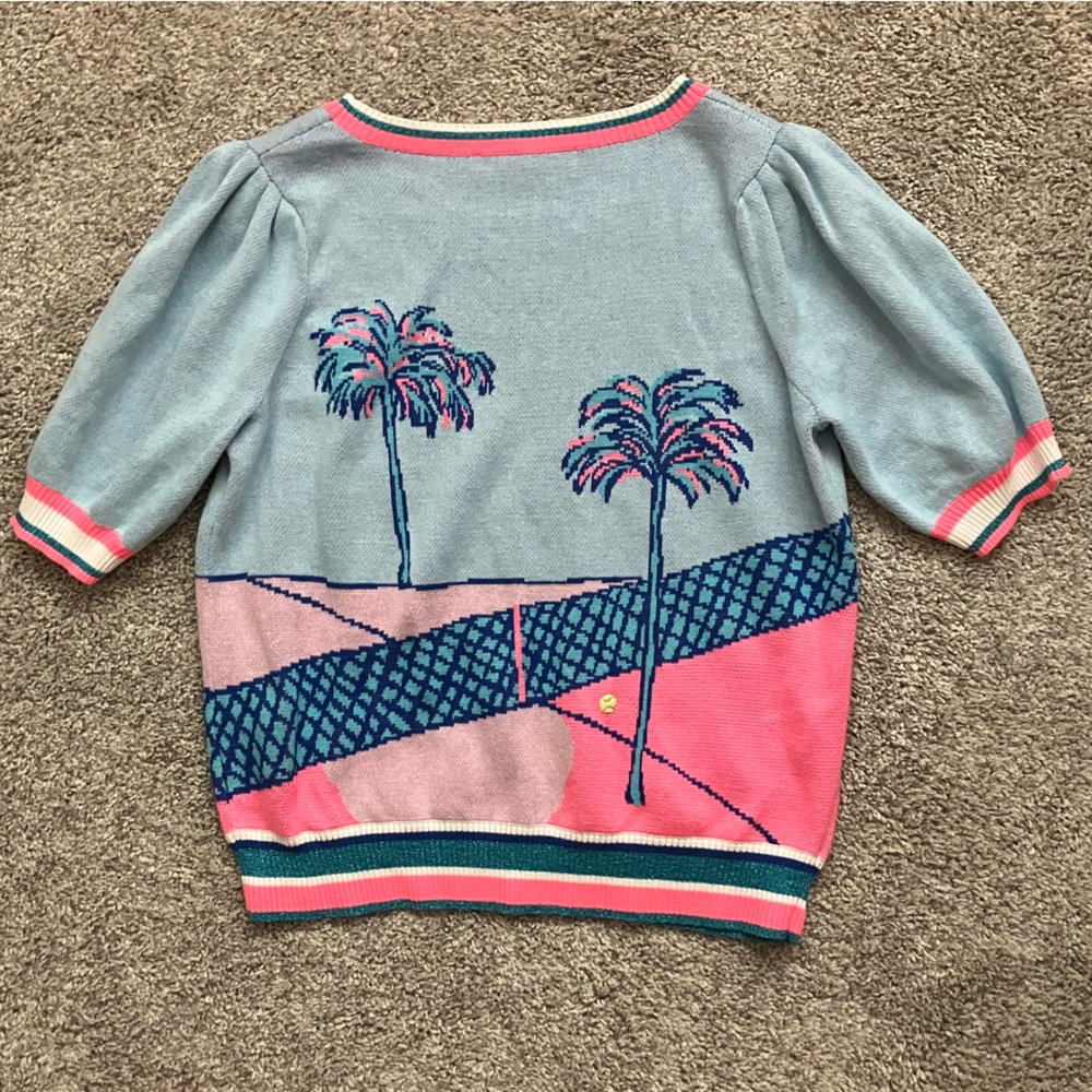 Lilly Pulitzer Pastel Blue, Pink & Navy Palm Print Sweater Top - Picture 2 of 2